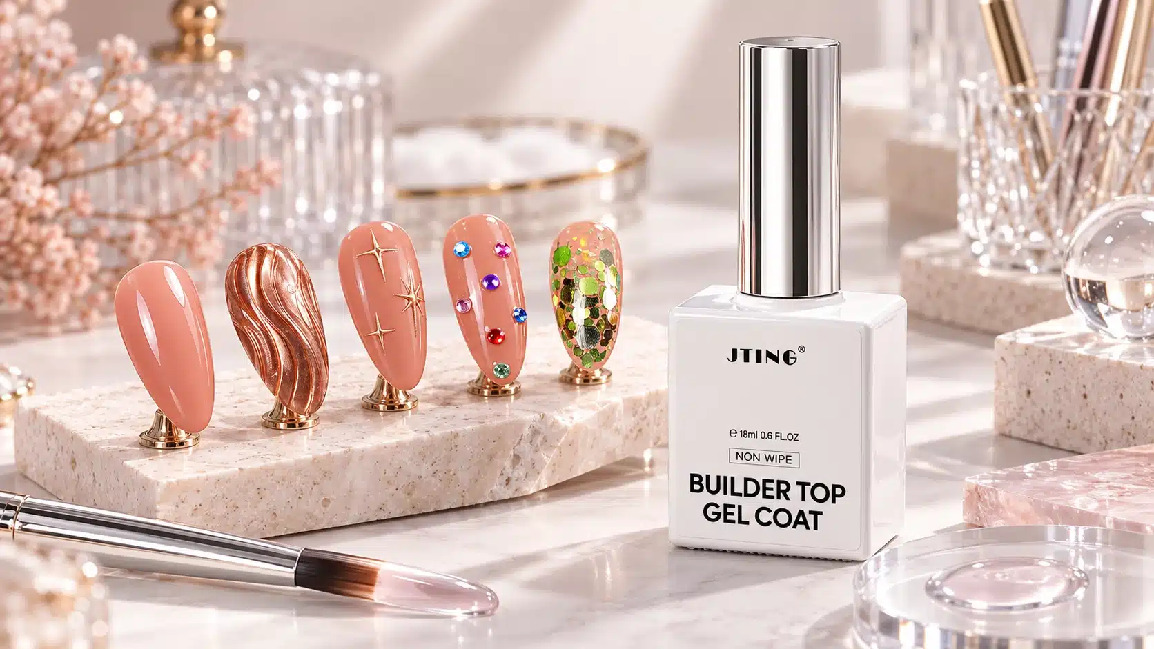 JTING Builder Top Gel Coat with professional nail art applications including chrome, 3D nail art, small charms and encapsulated glitter