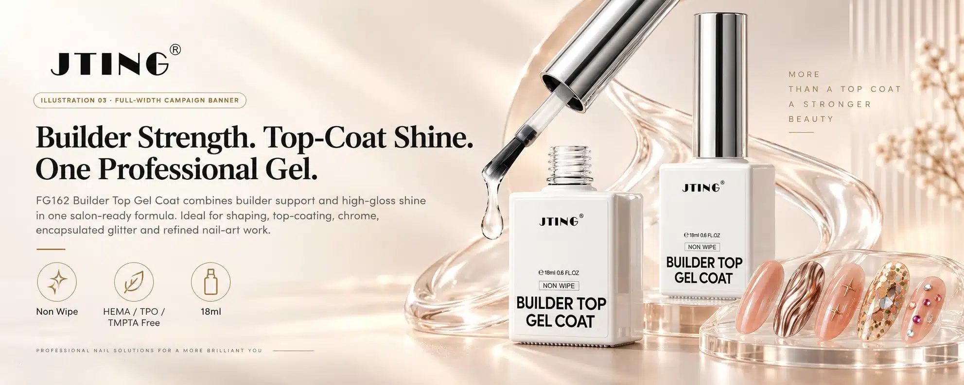 JTING professional Builder Top Gel Coat campaign banner featuring builder strength, non-wipe top-coat shine and salon nail art applications