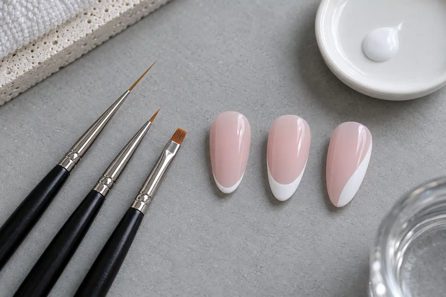 Fine liner, detail and flat nail art brushes beside French manicure practice tips