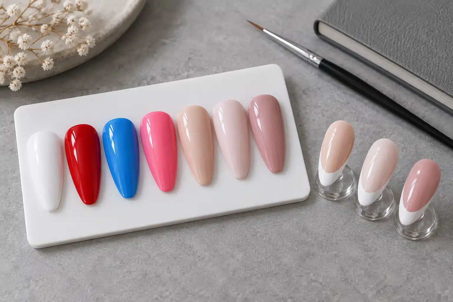 White, red, blue, pink and nude gel color samples arranged with three French manicure designs