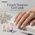 JTING French manicure gel guide featuring milky pink nails with white and blue French tips and matching nail samples