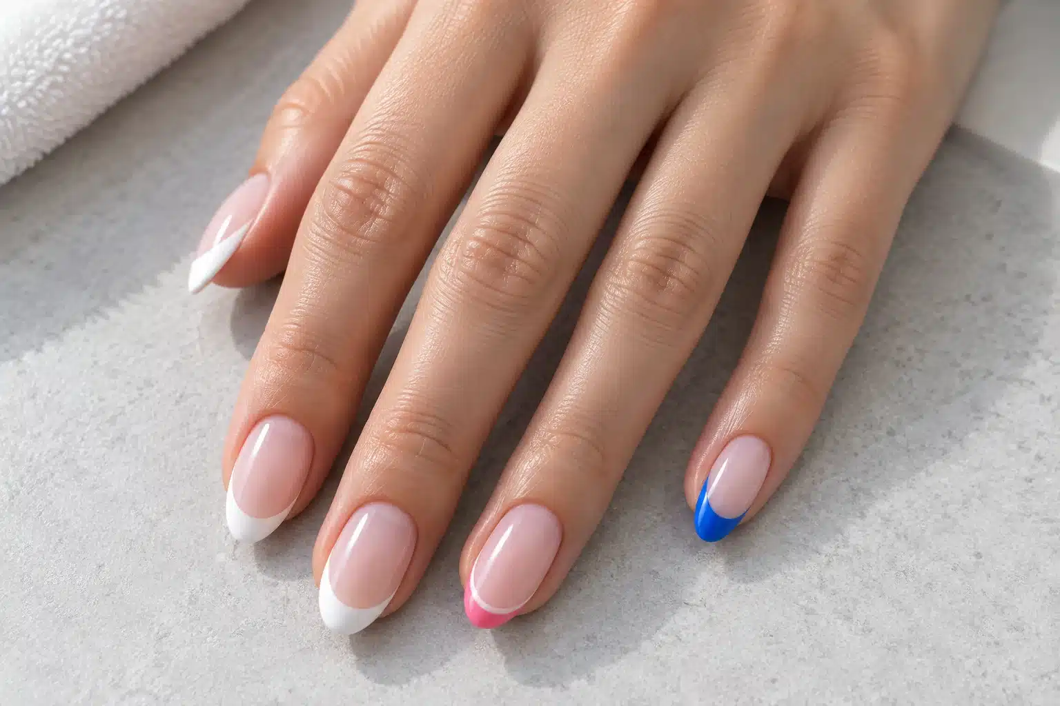 Almond French manicure with milky pink bases and white, pink and blue tips