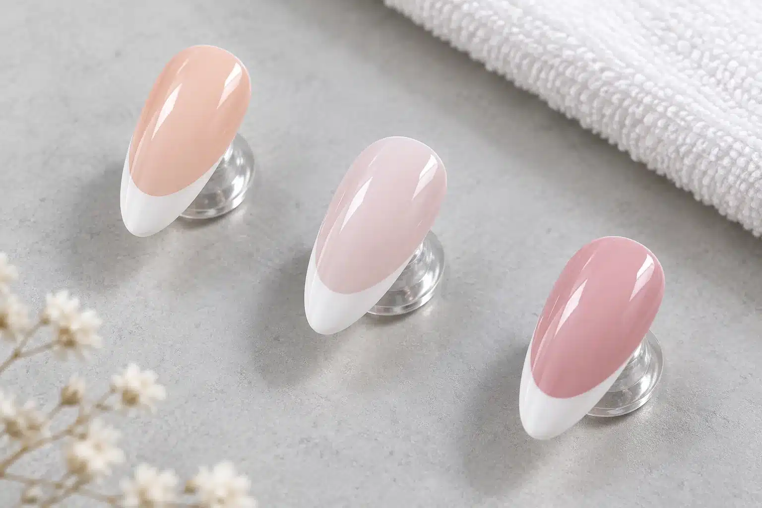 Peach nude, milky pink and rose nail samples with matching white French tips