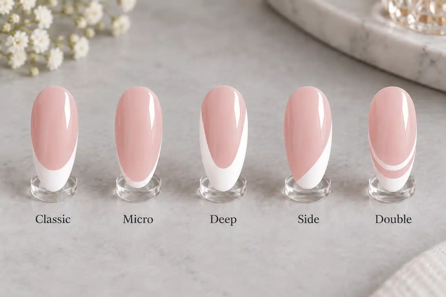 Five French manicure styles compared: classic, micro, deep, side and double French tips
