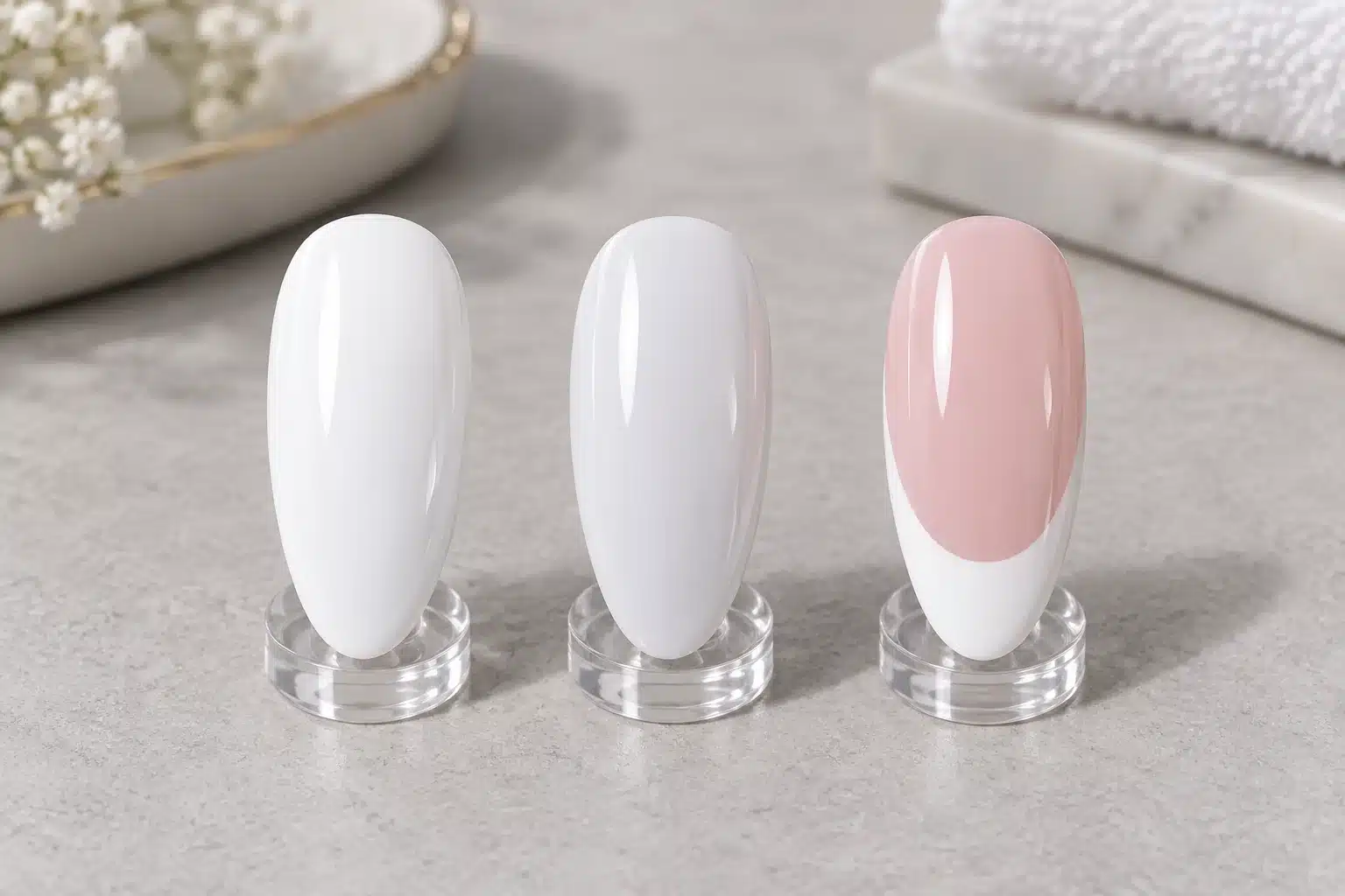 White and milky white gel nail samples beside a pink-and-white French manicure design