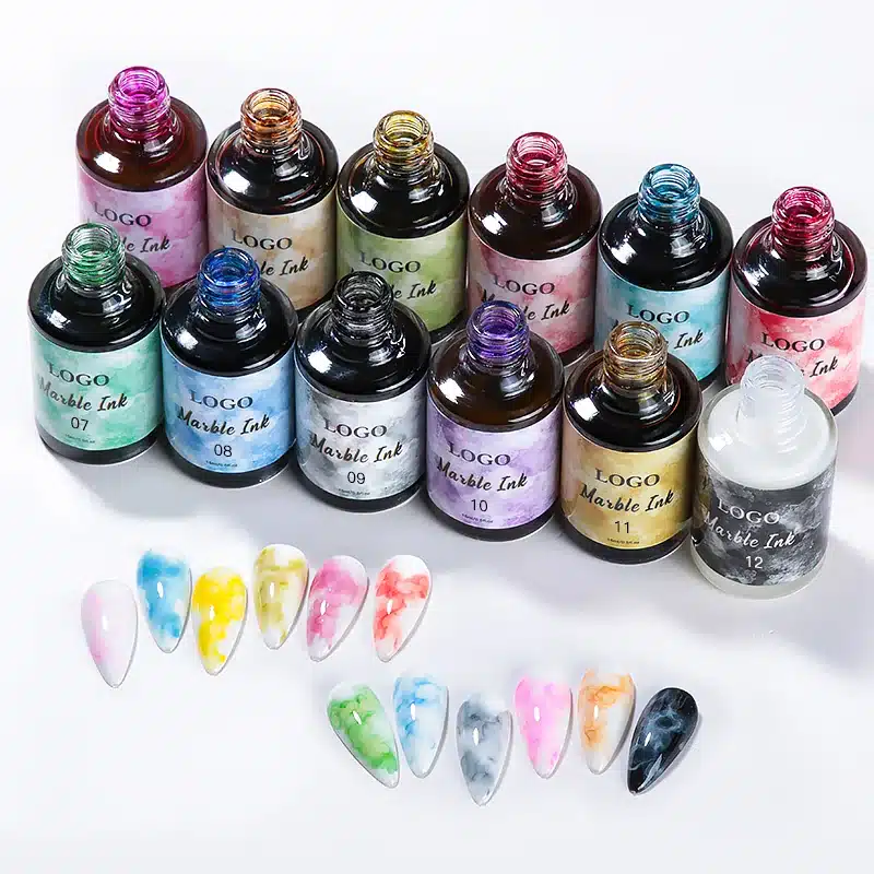 JTING 12-Color Blooming Marble Ink Premium Collection in round bottles with colorful watercolor nail samples and black caps
