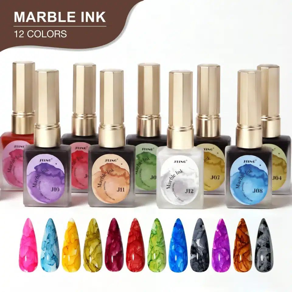 JTING 12-Color Blooming Marble Ink Salon Edition in square bottles with matching nail swatches