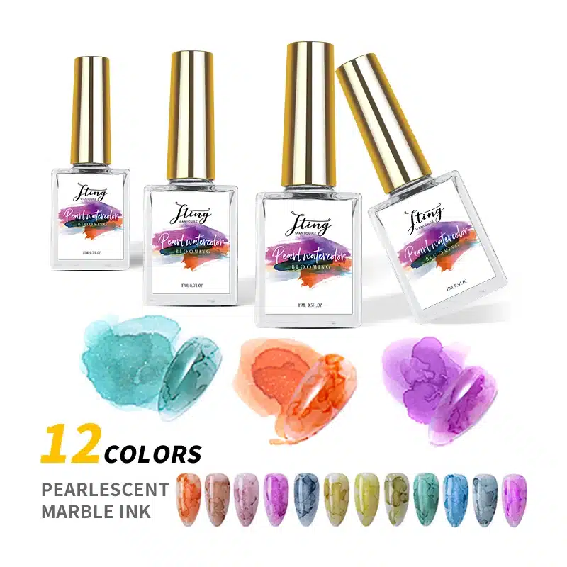 JTING 12-Color Pearlescent Blooming Marble Ink bottles with gold caps and twelve pearl-finish nail swatches