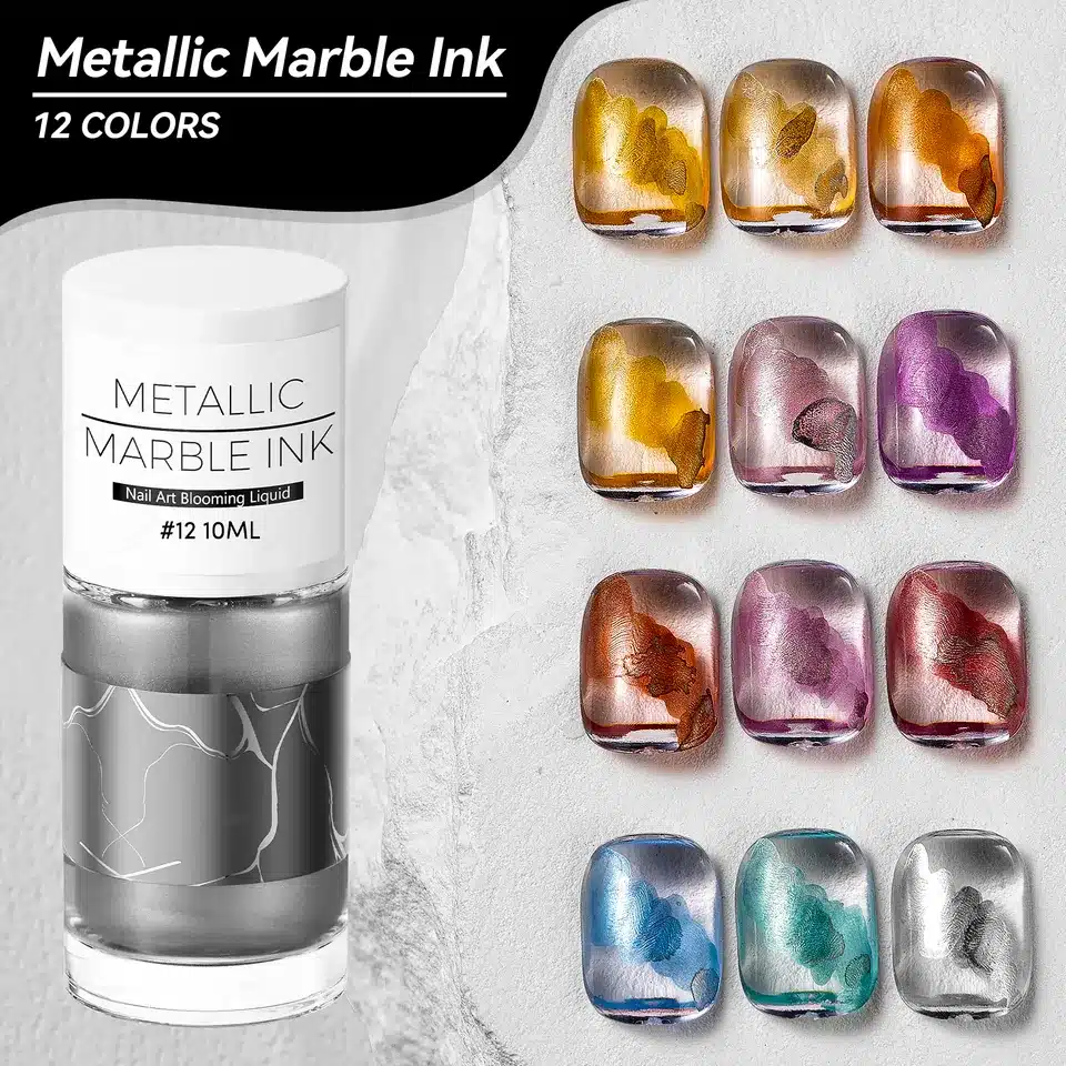 JTING 12-Color Metallic Marble Ink bottle and twelve metallic nail art color samples