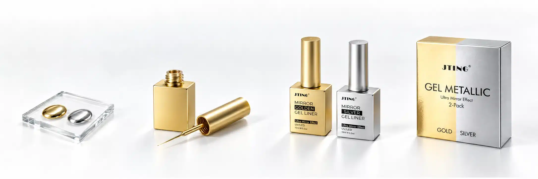 JTING gold and silver mirror gel liner set with fine liner brush, metallic samples and two-pack retail box