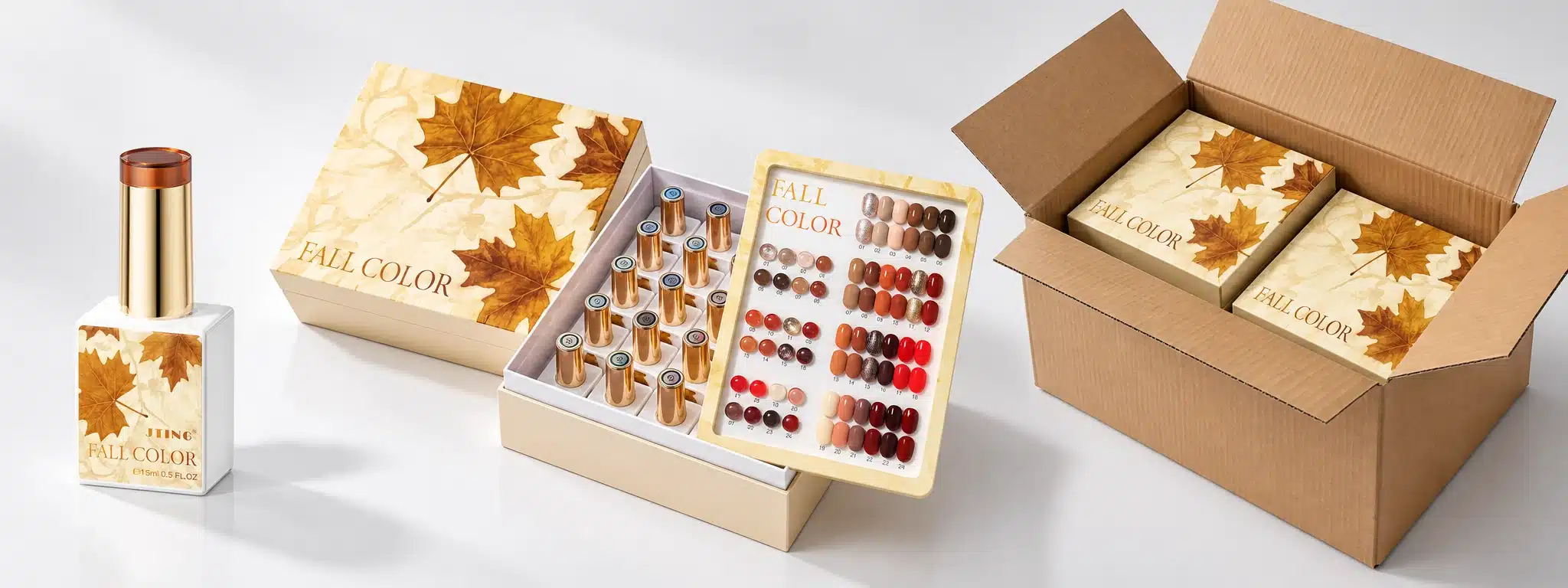 JTING Fall Color gel nail polish bottle, open boxed set with a color chart, and matching retail boxes inside a shipping carton.