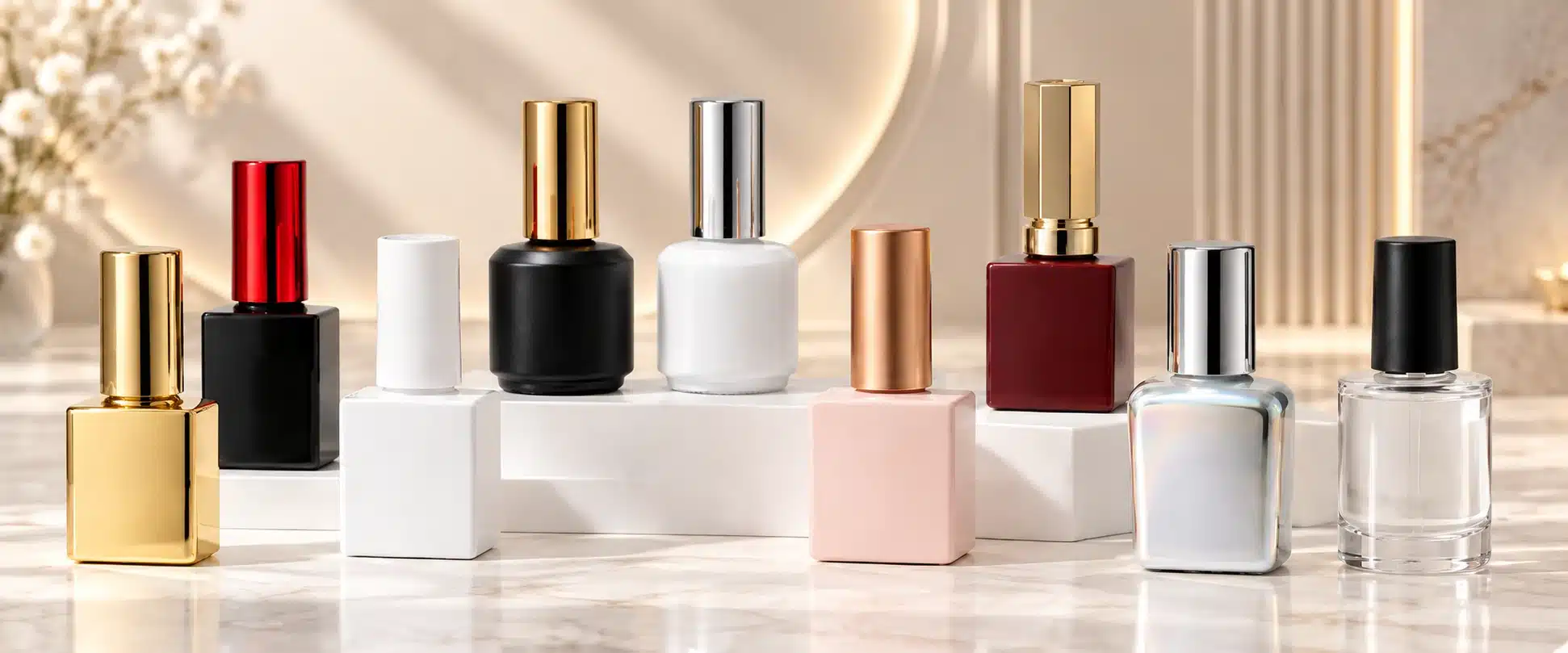 Round and square gel nail polish bottles with cylindrical and faceted caps in metallic, colored and clear finishes