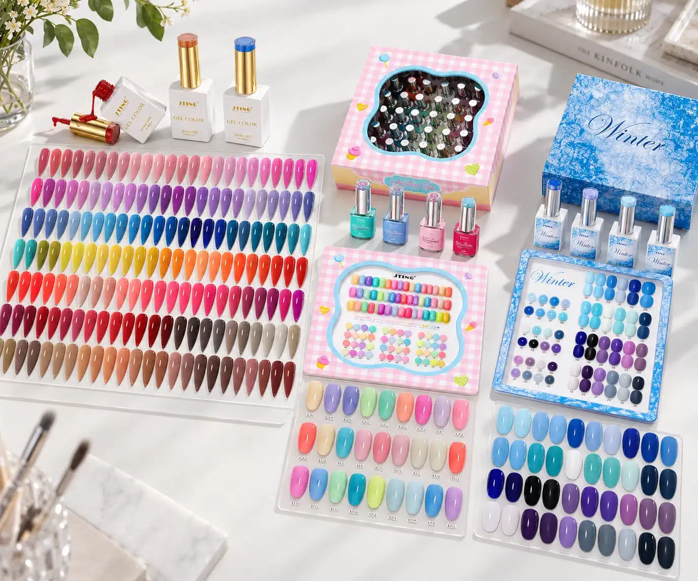 JTING gel nail polish color charts and bottles displaying core shades, pastel colors and a winter collection.