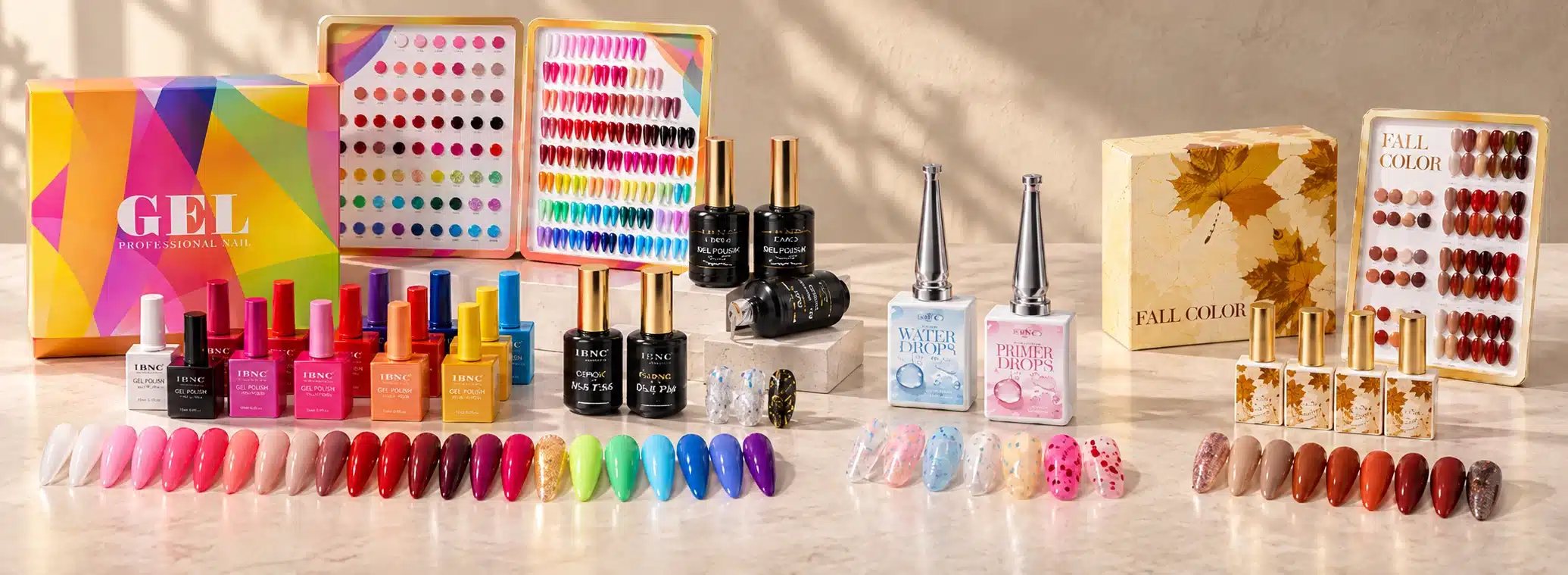 Gel nail polish selection arranged in three groups with core colors, nail art effects and an autumn collection with matching swatches.