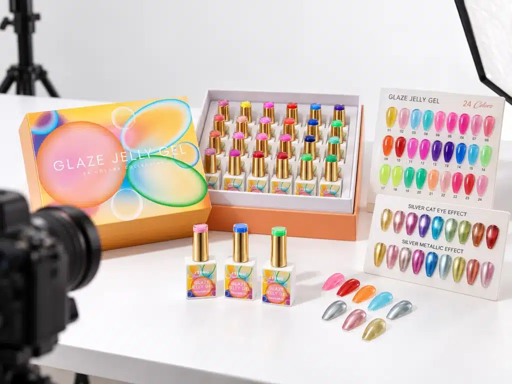 JTING Glaze Jelly Gel bottles, boxed collection and color swatches arranged with a camera and studio lighting for product photography.
