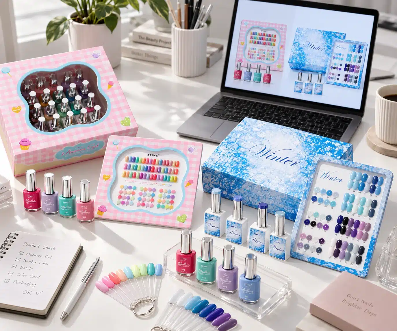 JTING gel nail polish bottles, shade charts and collection boxes beside a laptop displaying corresponding product photos.