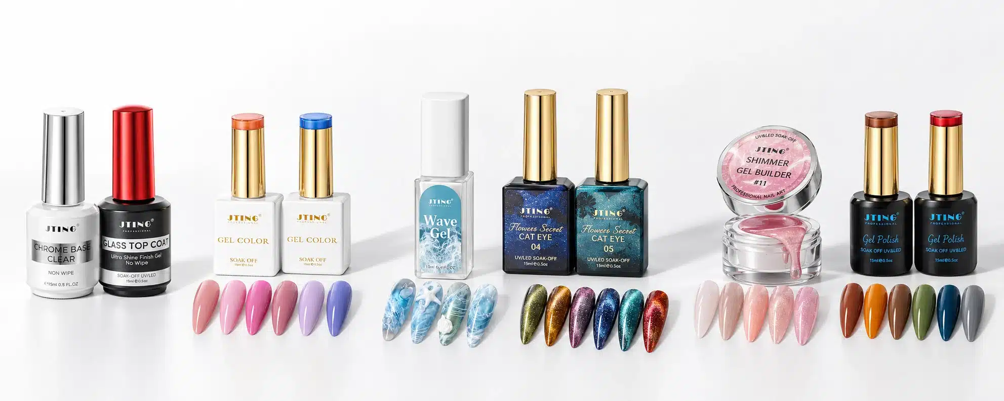 JTING gel nail polish range with base and top coats, color gels, cat eye gels, shimmer builder gel and nail swatches.