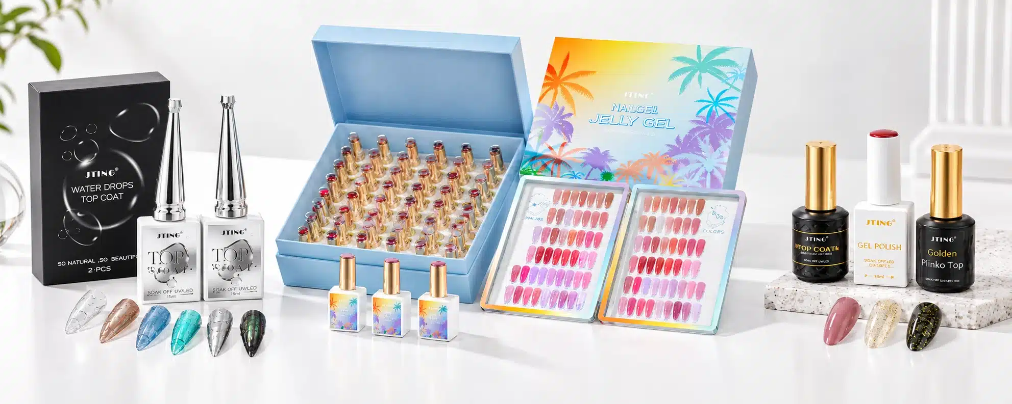 JTING water drops top coat, a boxed jelly gel color collection, and gel nail polish with top coats displayed in three groups.