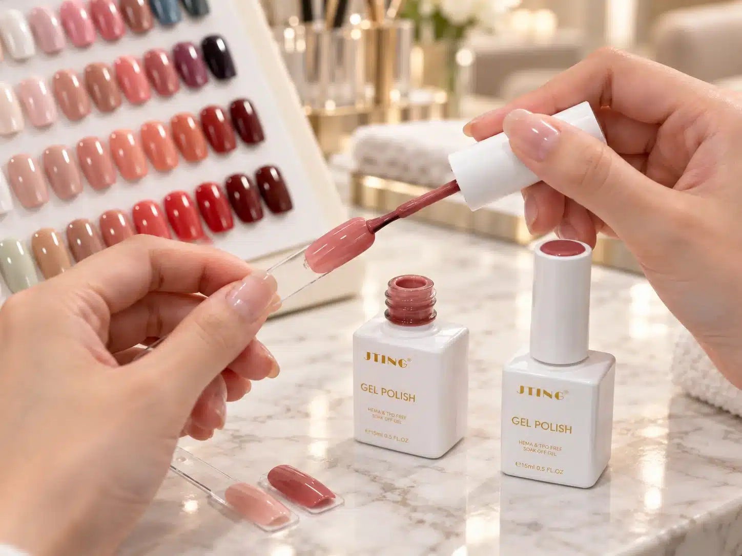 Hands applying rose-colored JTING gel nail polish to a swatch stick beside an open bottle and a salon shade chart.