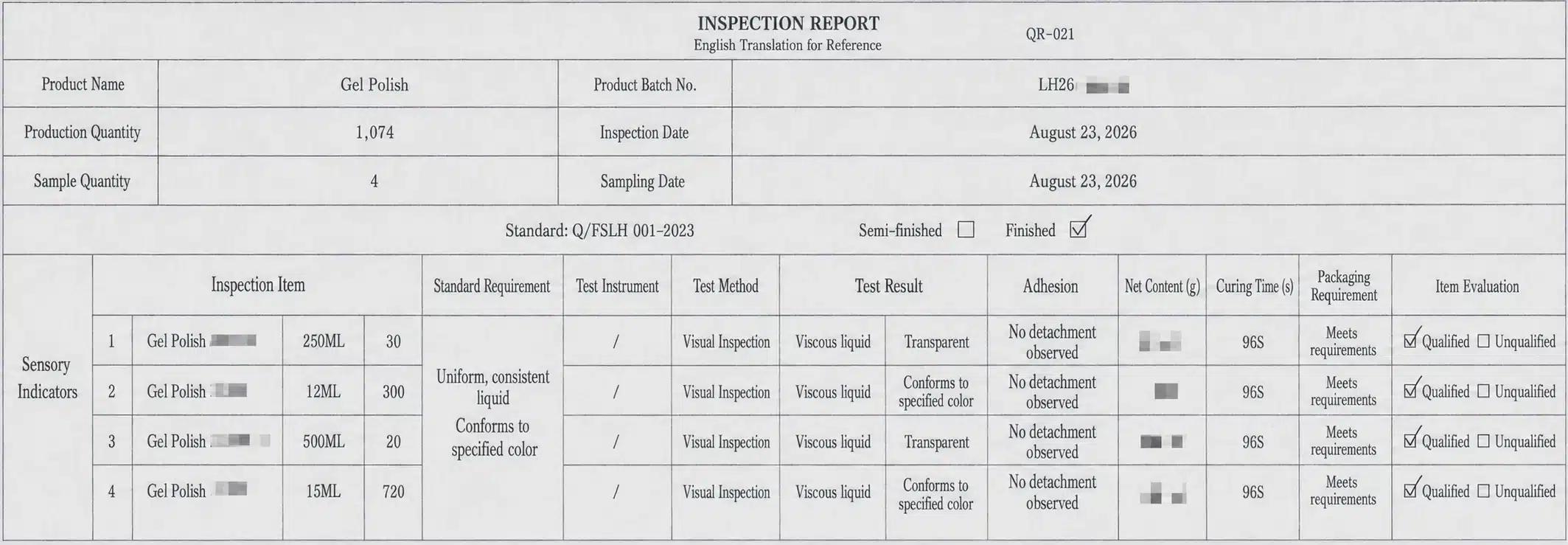 Redacted English translation of a JTING gel polish batch inspection report showing a 1074-unit production batch four sampled units and qualified inspection results
