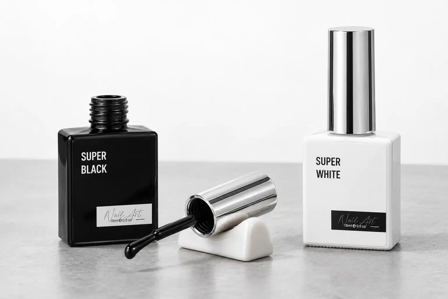 Open black gel nail polish bottle with its attached cap and brush beside a closed white bottle