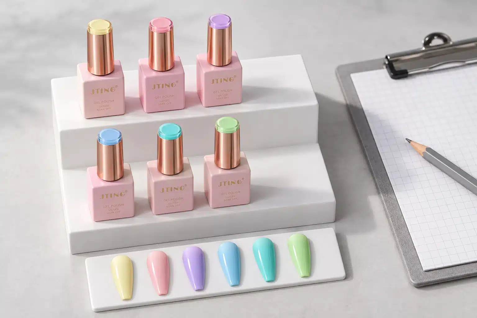 Six pastel gel nail polish bottles and matching nail swatches arranged for collection and reorder planning