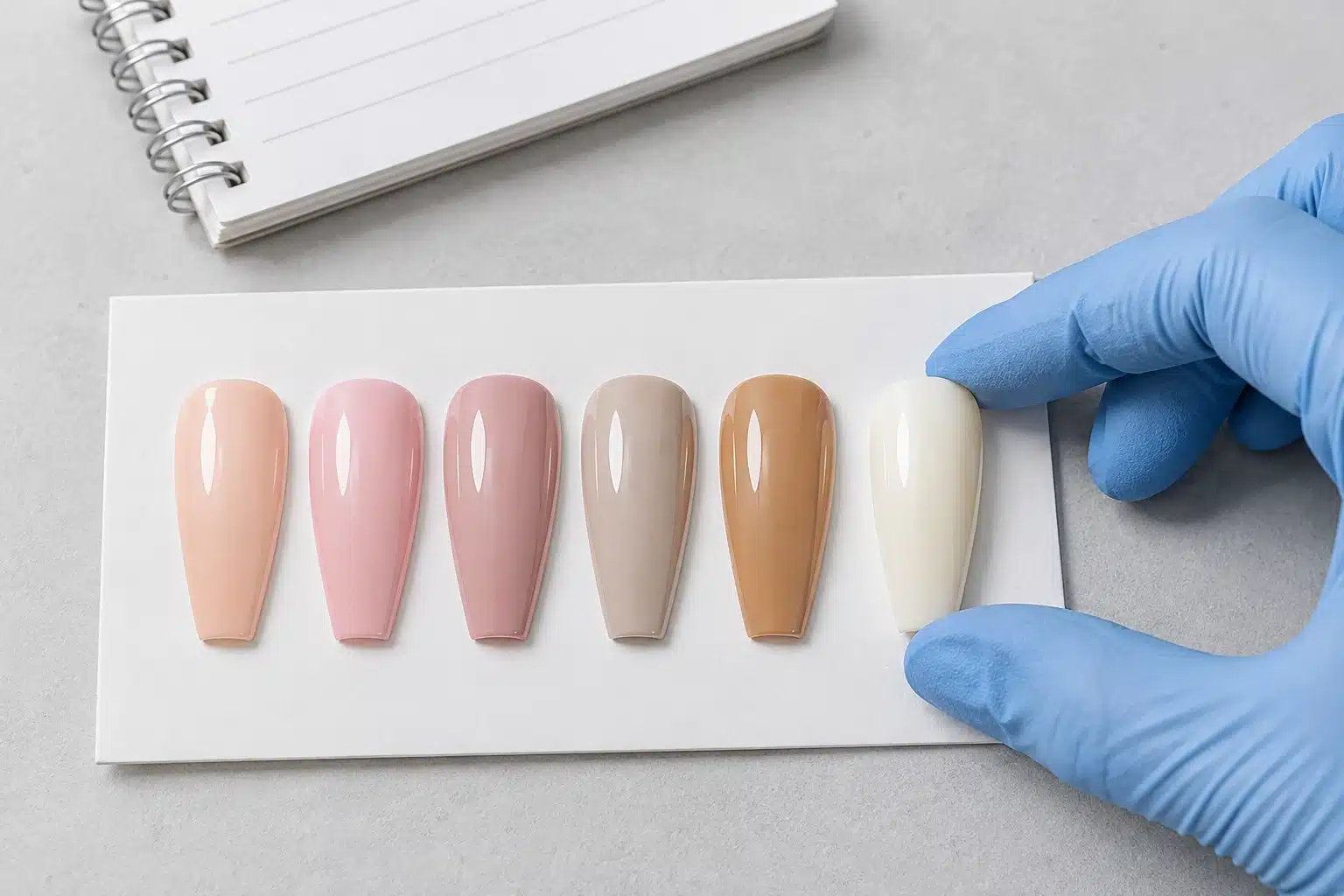 Gloved hand comparing six pink, nude and ivory gel nail polish sample tips
