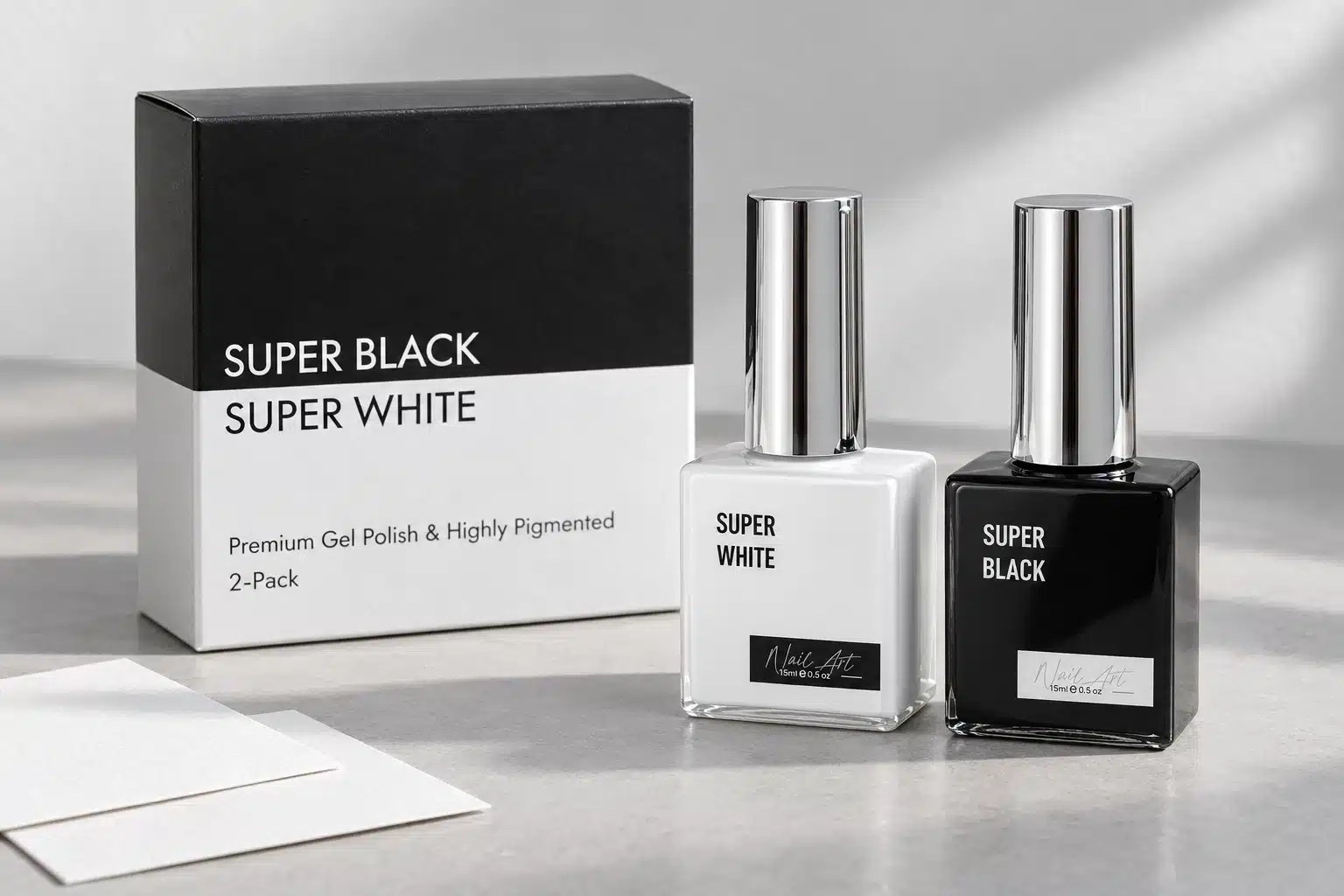 Black and white gel nail polish bottles with coordinated two-bottle packaging