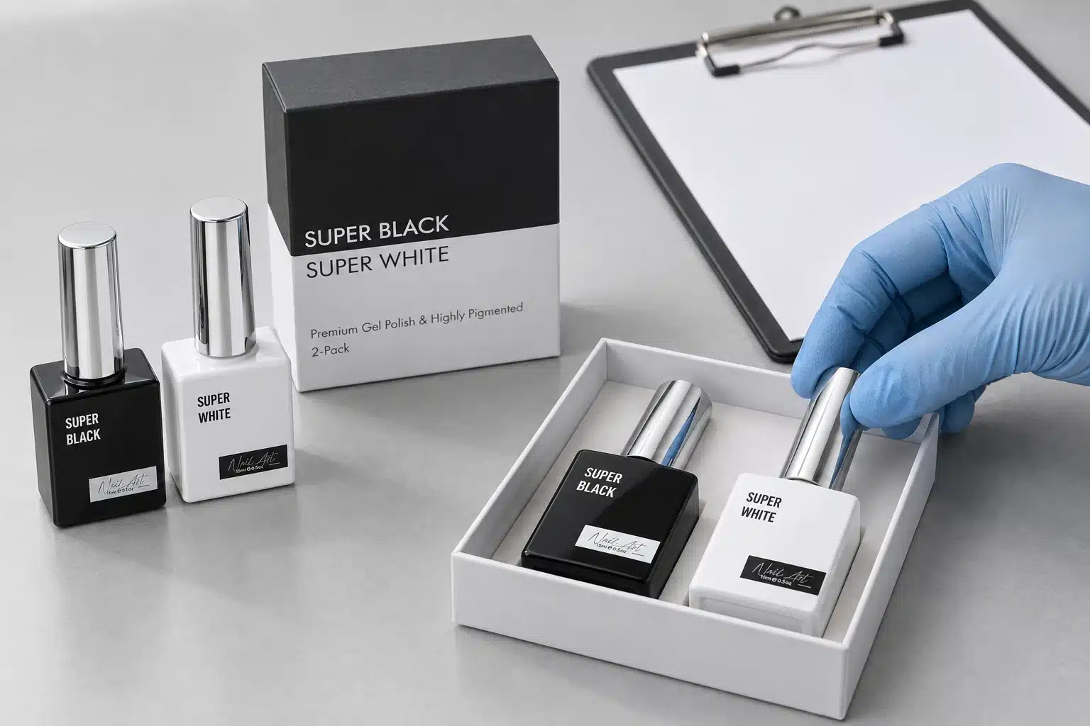 Gloved hand reviewing capped gel nail polish bottles beside matching packaging and a blank checklist