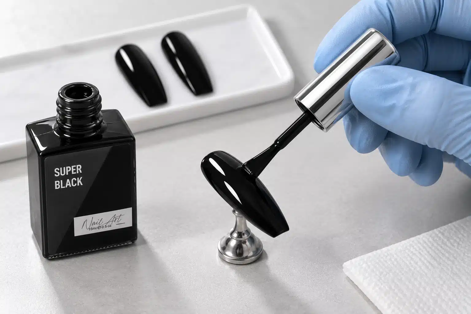 Gloved hand applying black gel nail polish to a detached artificial nail tip on a practice stand