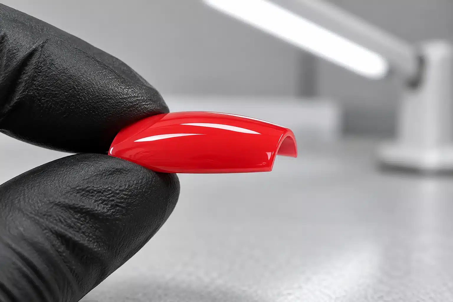 Gloved fingertips holding a glossy red nail tip for free-edge inspection