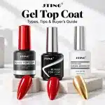 JTING Glass, Rubber and Chrome Mirror top coat bottles with glossy red and gold chrome nail samples