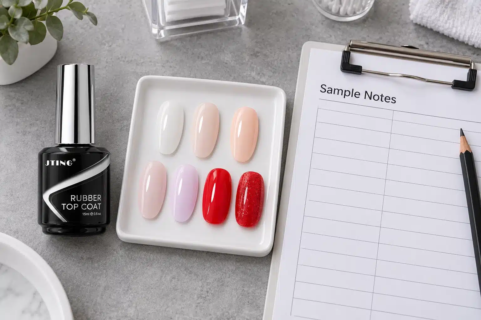 JTING Rubber Top Coat with nail samples and a blank sample planning sheet