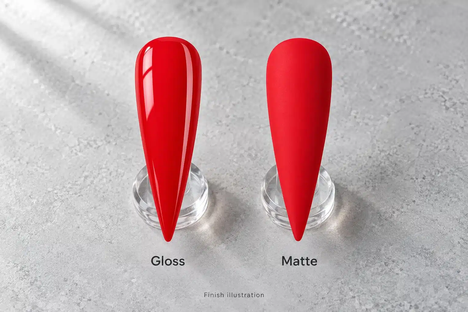 Illustration of glossy and matte finishes on matching red nail tips