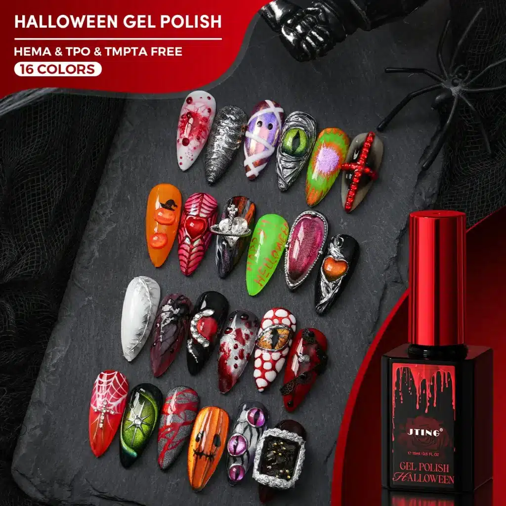 JTING K07 Halloween gel polish collection with decorated nail samples and a red-capped bottle