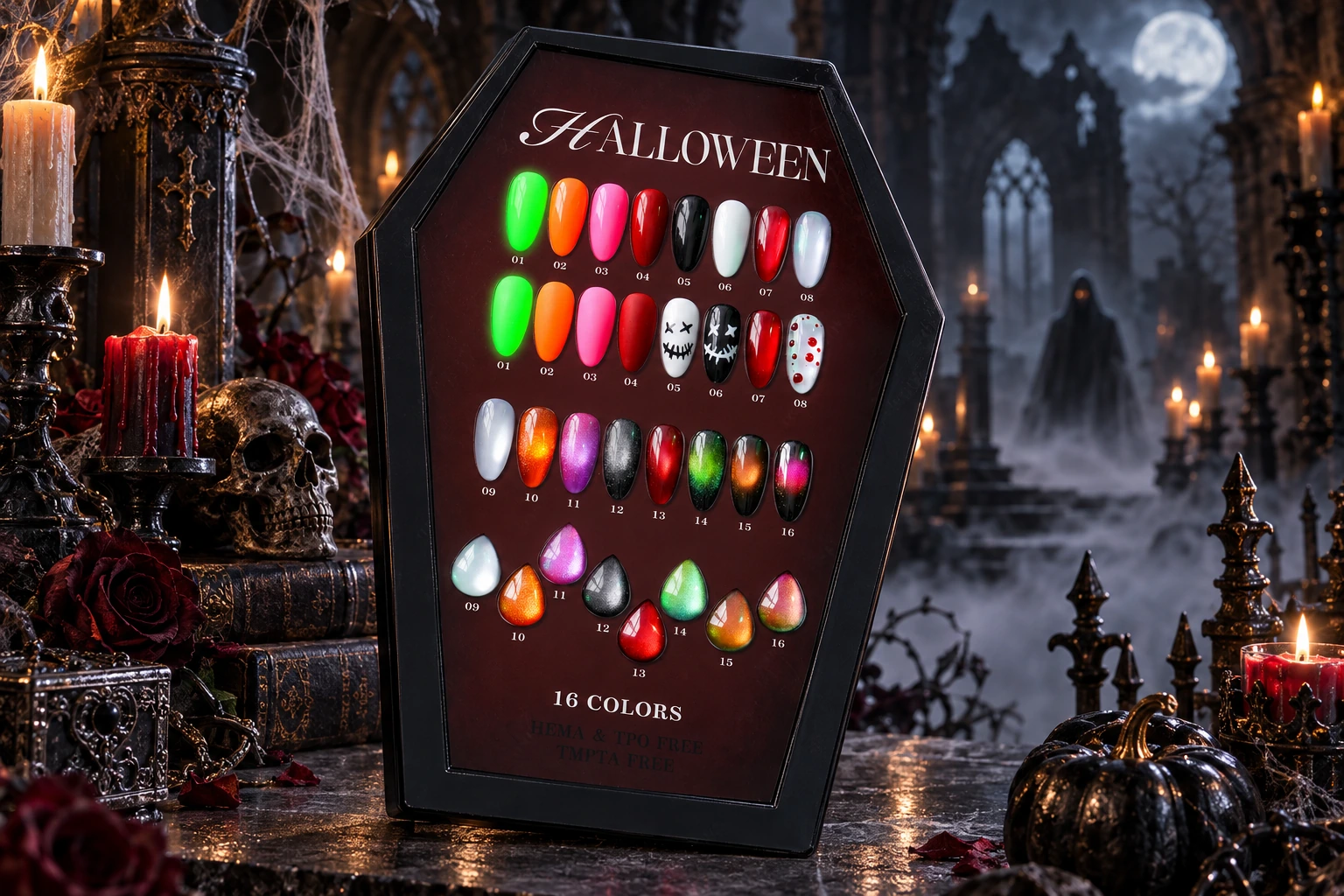 Halloween gel polish coffin-shaped shade display in a candlelit Gothic hall with a distant hooded ghost