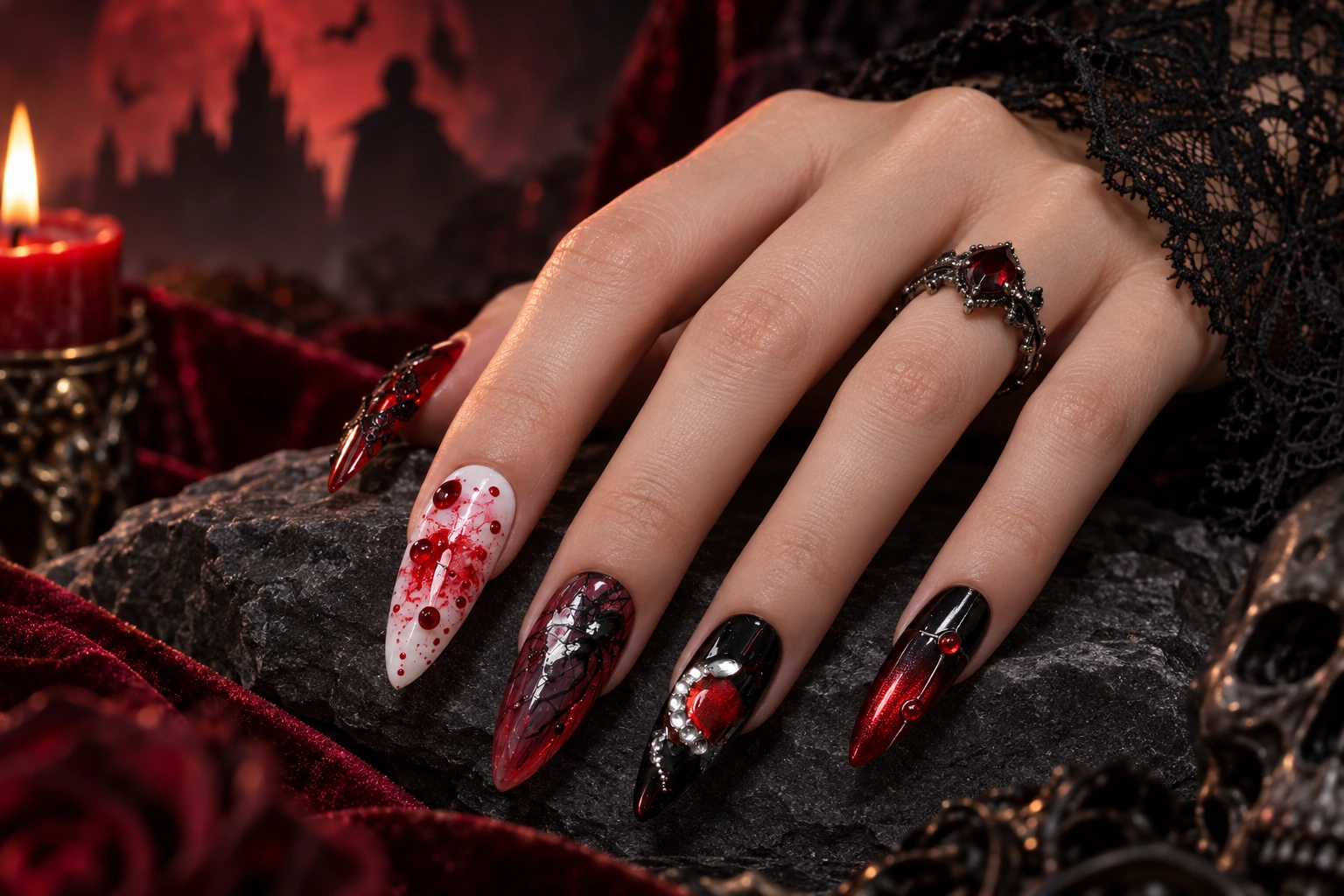 Halloween manicure concept with red droplet nail art, Gothic red and black accents and a candlelit castle backdrop