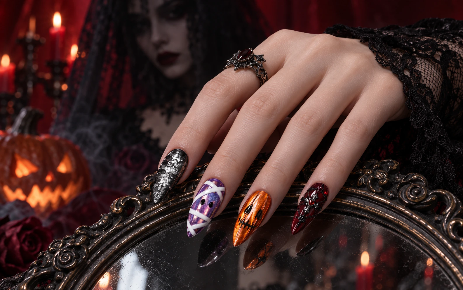 Halloween nail art hand model with violet mummy and orange metallic designs beside an antique mirror and a veiled character