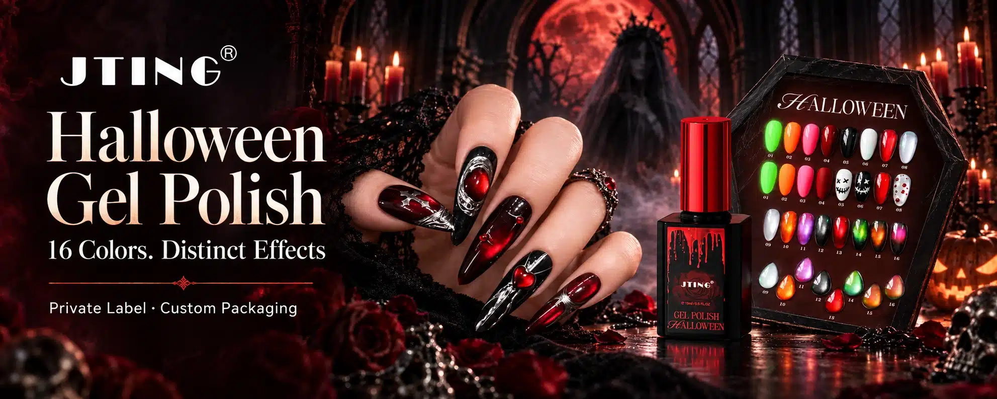 JTING Halloween Gel Polish banner with the brand logo, private-label collection message, red and black manicure, bottle and coffin shade display