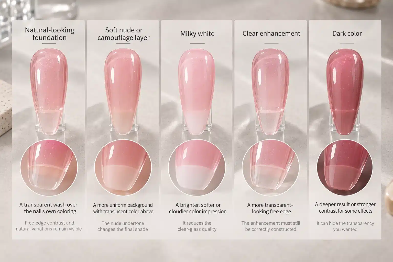 Illustrated guide showing pink jelly nail finishes over natural-looking, nude, milky white, clear and dark foundations.