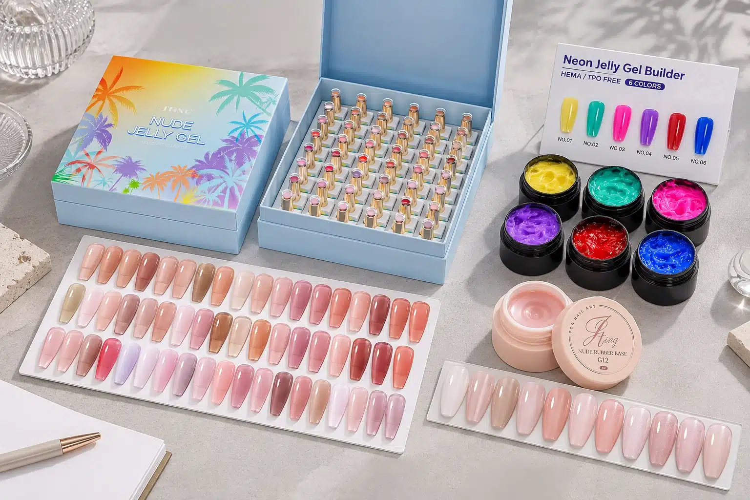 JTING jelly gel boxed collection, color charts, six colorful builder gel jars and a nude rubber base jar.