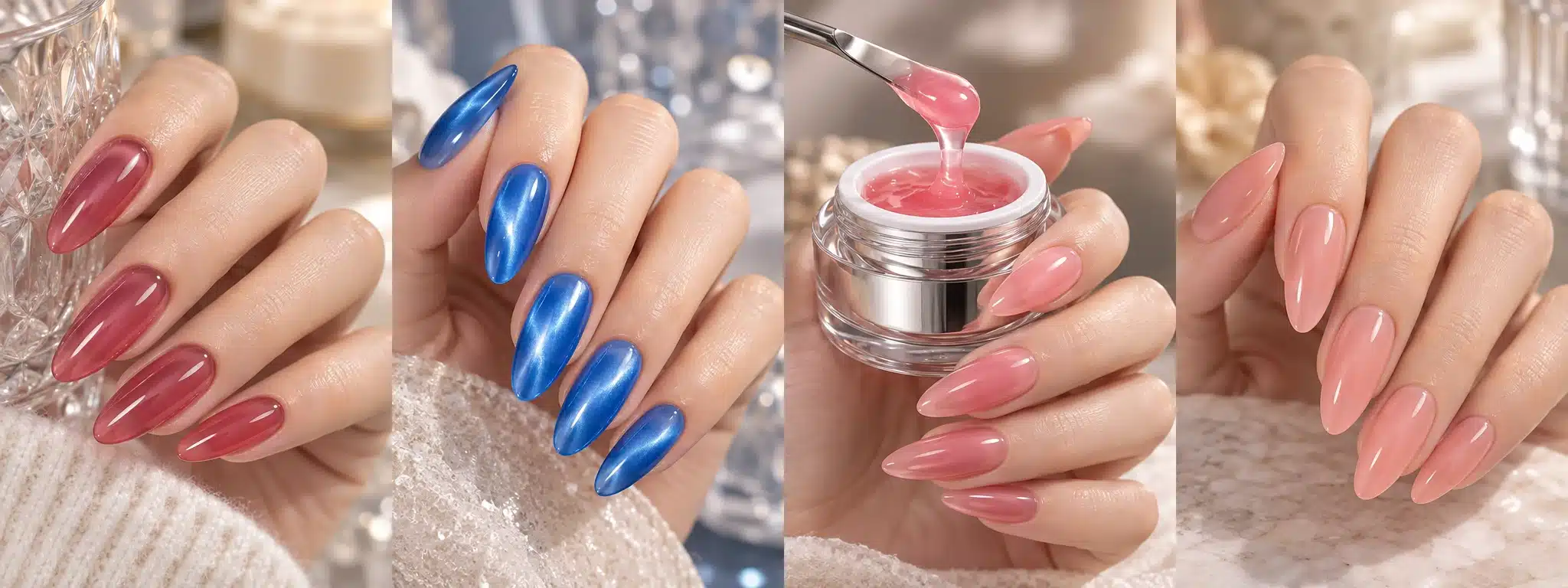 Four-panel collage of berry jelly nails, blue cat eye nails, pink builder gel and nude pink nails.