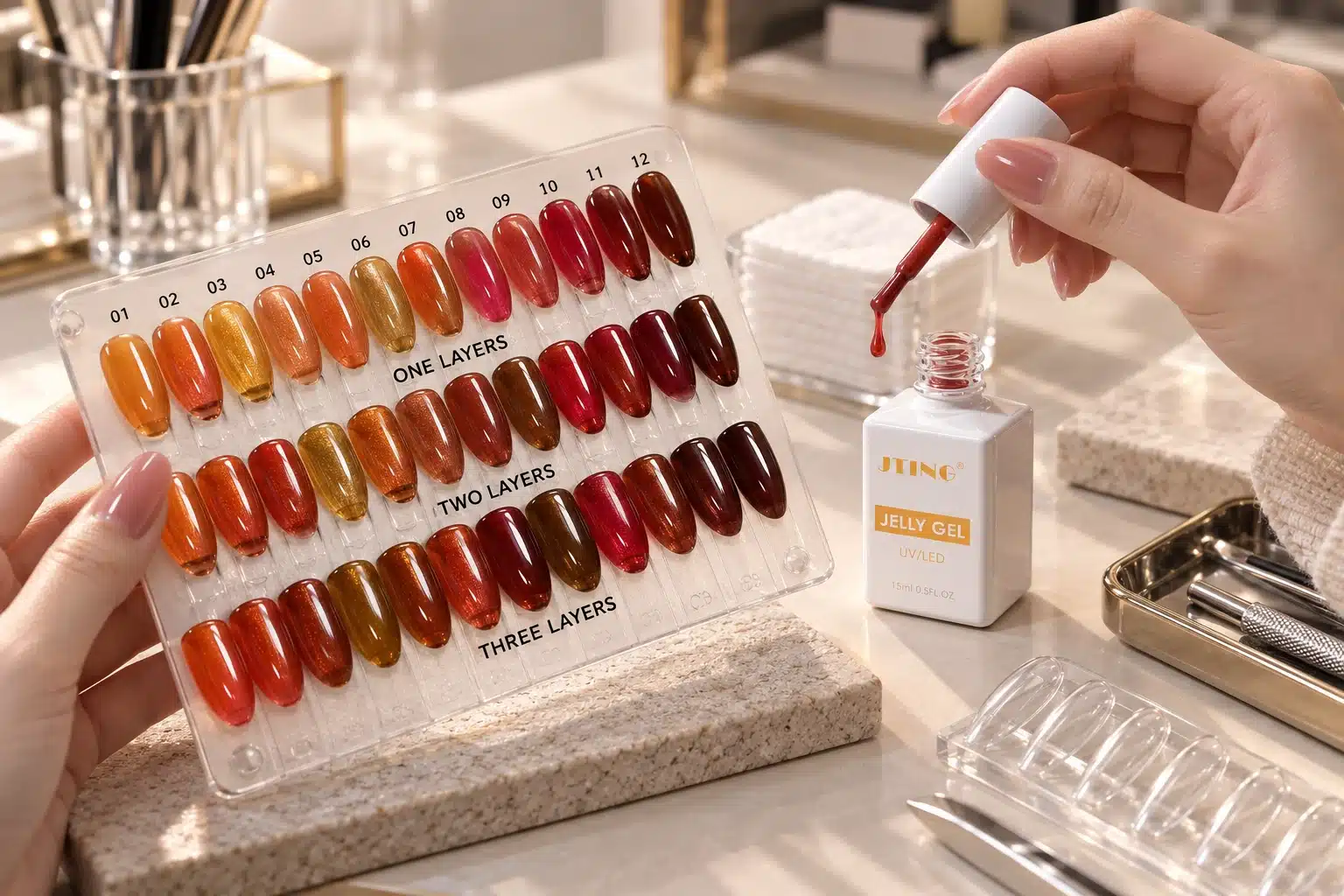 Hands holding a jelly gel color chart and red gel brush beside an open JTING bottle on a manicure table.