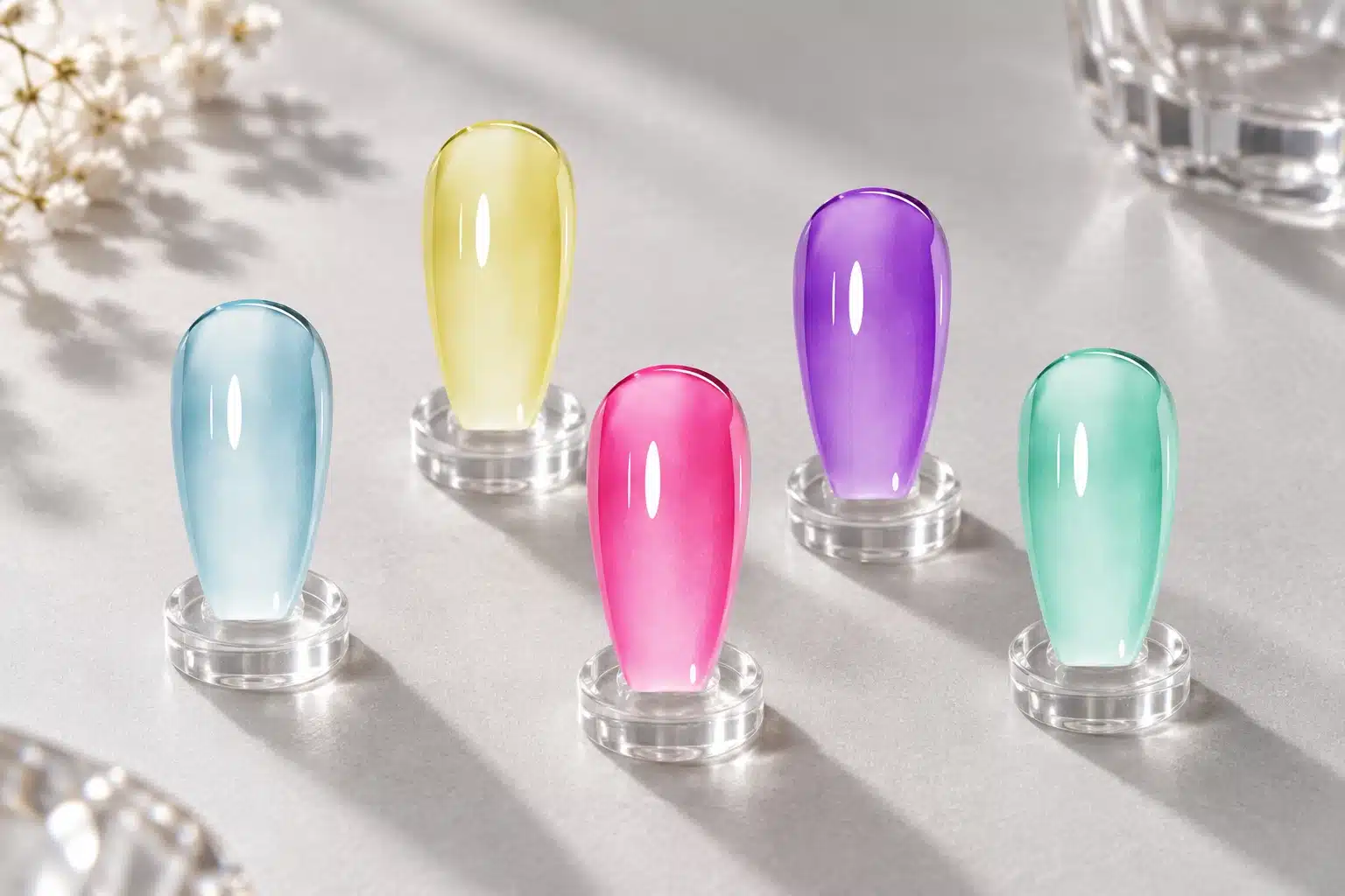 Five translucent jelly gel nail polish swatches in blue, yellow, pink, purple and mint green.
