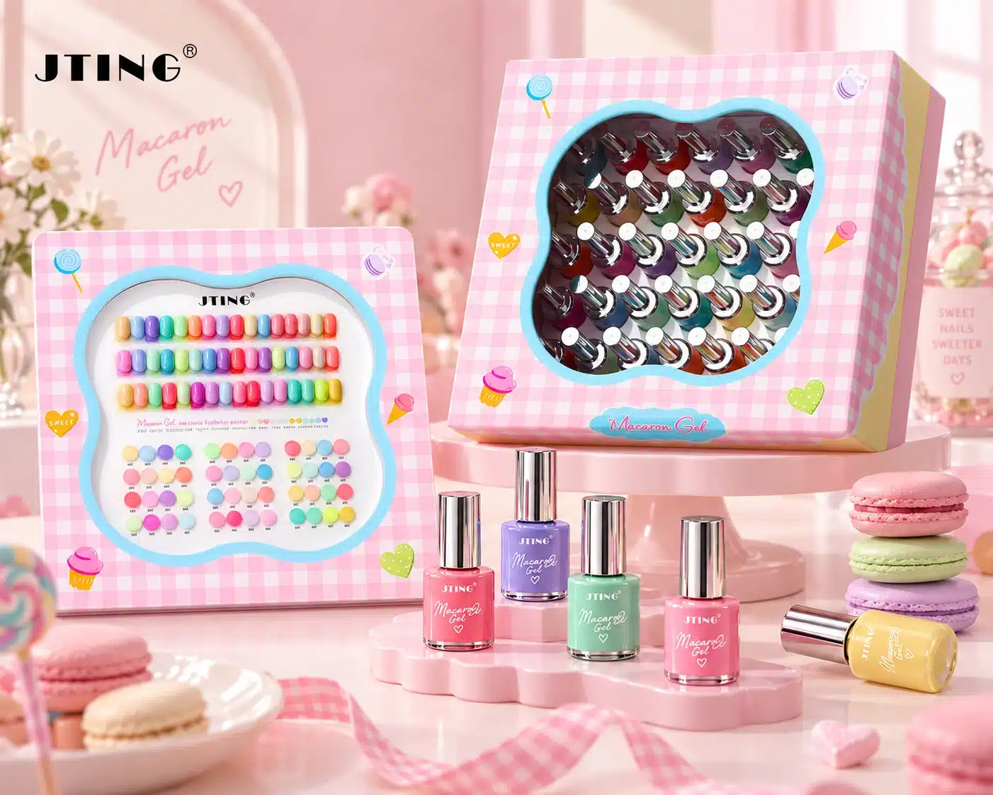 JTING Macaron Gel 48-color collection with coordinated packaging, bottle labels and pastel shade display