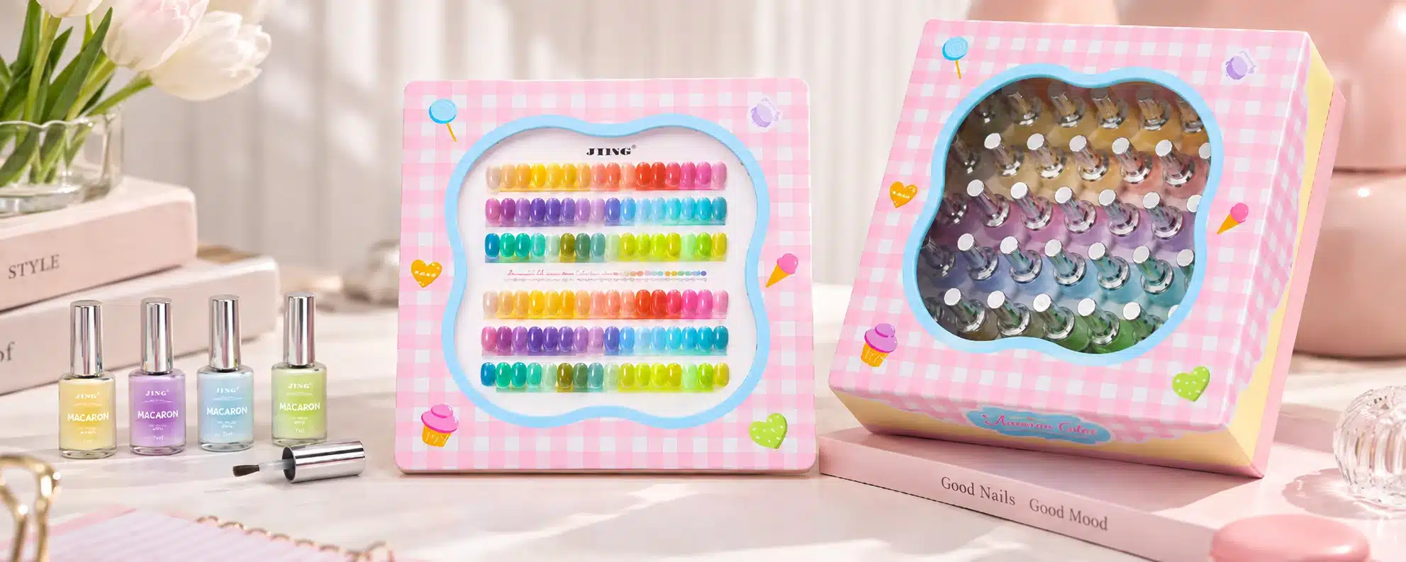 JTING Macaron gel nail polish bottles with a brush applicator, matching pink gingham packaging and a shade chart.