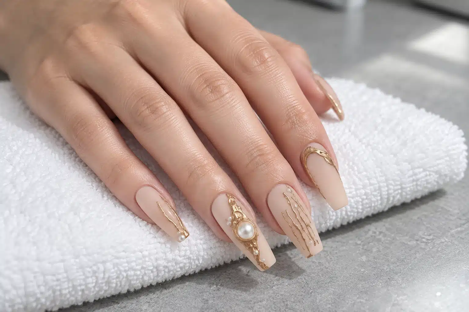 Nude matte coffin nails with gold lines and a pearl accent on a hand model