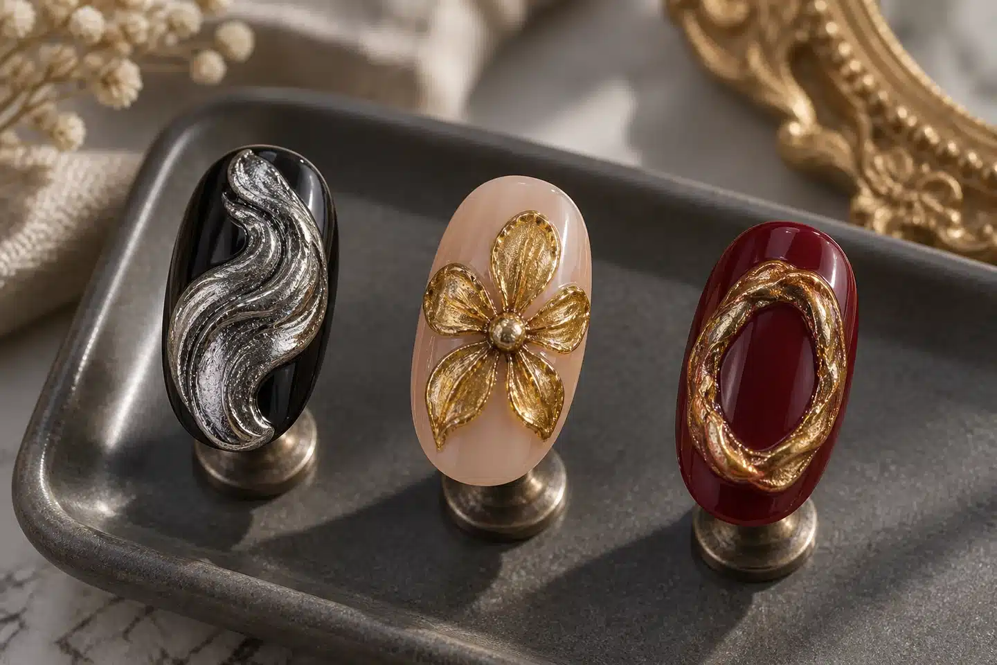 Silver raised wave, gold sculpted flower and bronze-gold frame on three nail tips