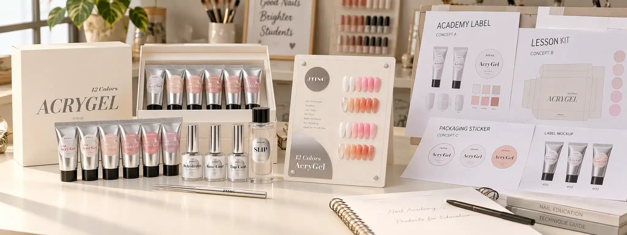 JTING AcryGel tubes, boxed sets and a shade chart displayed beside academy label concepts and lesson kit packaging mockups.