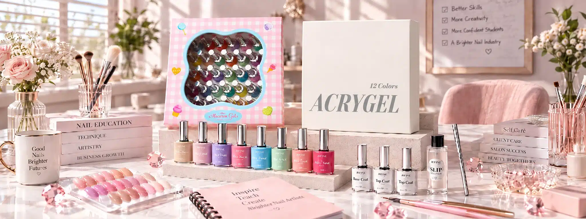 Gel nail polish colors, base and top coats, slip solution, boxed collections and nail swatches displayed on a nail training desk.